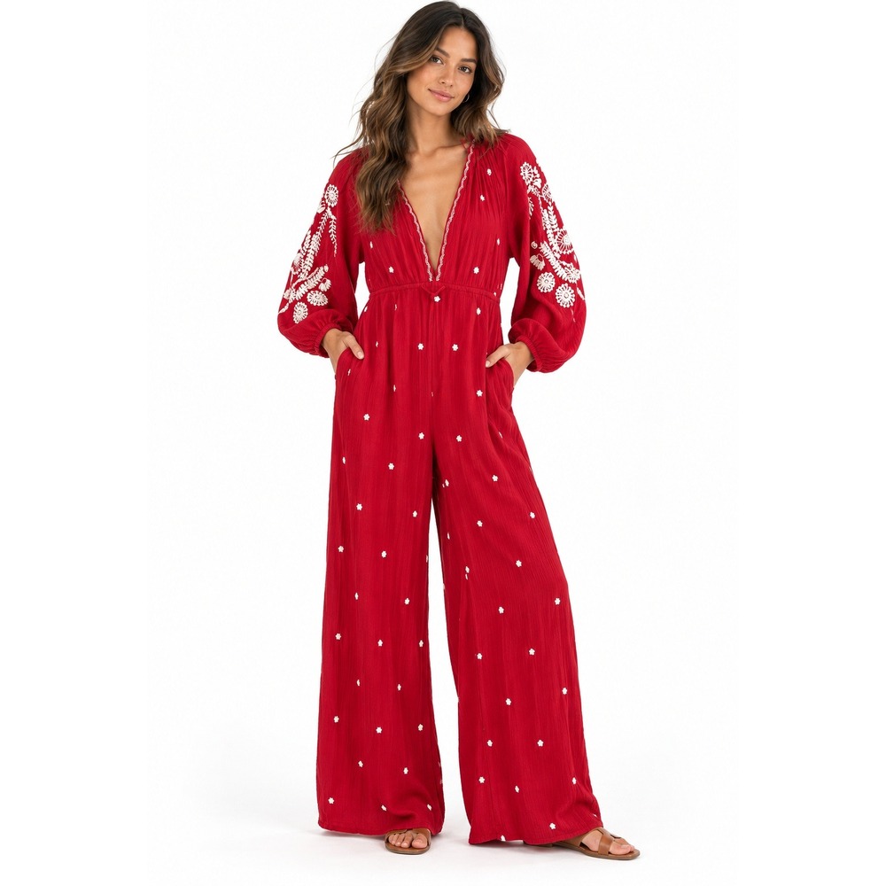 Free People Embroidered Jumpsuit Large Wide Leg Boho Balloon Sleeve Crinkled